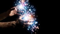 Hand holding glowing digital data stream with technology icons and light particles, representing data transfer, connectivity, innovation, and digital transformation for business and tech concepts.