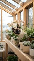 Siamese cat with blue eyes sitting among potted plants and orchids in bright wooden greenhouse conservatory with natural light streaming through glass roof.