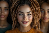 Young African American woman with dreadlocks and bright smile wearing orange sweater, natural freckles and glowing skin, close up portrait with soft lighting.