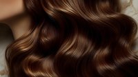 Close-up of glossy brown wavy hair with caramel highlights showing healthy texture and shine for beauty and haircare advertising.