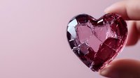 Shattered glass heart in deep burgundy color against soft pink background, dramatic lighting highlights broken pieces while fingers hold fragmented love symbol.