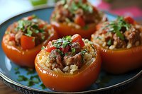 Fresh ripe tomatoes stuffed with seasoned ground meat and rice mixture, garnished with chopped herbs on dark plate, close up view of homemade appetizer.