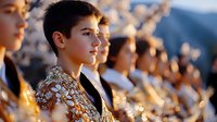 Young Hispanic boy wearing ornate gold embroidered matador jacket stands in profile during traditional cultural celebration as golden sunset light illuminates performers.