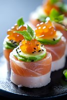 Salmon rolls topped with avocado, cream cheese, red caviar and black sesame seeds on dark slate plate. Fresh mint garnish adds elegant touch to gourmet appetizer.