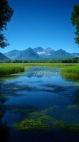 Serene mountain lake with white birds swimming among reeds and water plants, snow-capped peaks rising against clear blue sky, reflecting in calm waters.