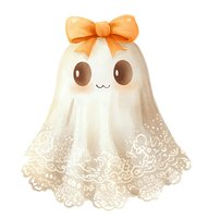 Cute kawaii ghost character with orange bow and lace trim pattern on transparent background, suitable for Halloween designs and children's illustrations.