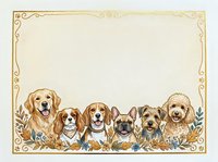 Watercolor card with five cute dogs and autumn floral border, golden decorative frame, copy space for text, pet greeting card design.