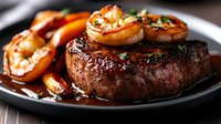 Grilled beef steak topped with seared jumbo shrimp served on dark plate. Juicy meat cooked medium rare garnished with fresh herbs in rich sauce. Restaurant quality surf and turf.