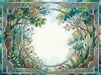 Watercolor forest frame with ornate silver border, lush green trees, and oval copy space in center for text or design.