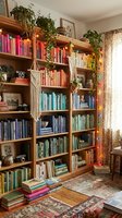 Cozy home library with wooden bookshelves filled with colorful books, hanging plants, fairy lights and macrame decorations creating warm reading nook atmosphere.
