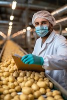Middle Eastern male worker in protective gear inspecting fresh potatoes on industrial food processing line, holding clipboard for quality control assessment.