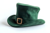 Green velvet top hat with bronze buckle accent on white background, traditional Irish folklore costume element, isolated for design and festive decoration.