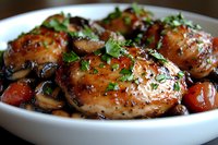 Juicy glazed chicken thighs with roasted mushrooms, cherry tomatoes and fresh herbs served on white plate, close up view of homemade dinner dish.