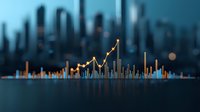 Financial graph showing upward trend with glowing orange line chart and blue bar charts against blurred modern city skyline background at dusk.