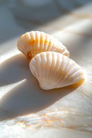 Delicate seashells in soft morning light casting gentle shadows on pearl-white surface, with natural iridescent reflections creating dreamy coastal atmosphere.
