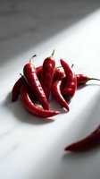 Fresh red chili peppers with stems arranged on white surface with natural shadow lighting, suitable for food photography, culinary content, and cooking-related designs.
