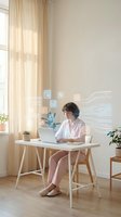 Young woman in pink pajamas working on laptop with holographic digital interface icons floating around her in bright modern home office workspace.