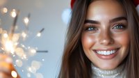 Young woman with bright smile wearing red beret and silver sweater against blurred sparkler lights and bokeh background creating festive holiday atmosphere.