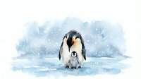 Emperor penguin family with adult and chick in snowy Antarctic landscape watercolor illustration for wildlife education and nature design projects.