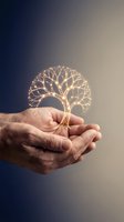 Mature male hands holding glowing wire tree with intricate branches against gradient background, symbolizing growth, innovation, and sustainable business concepts.