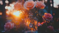 Pink roses in glass bottle against sunset light creating magical bokeh effect, romantic garden atmosphere with glowing warm backlighting and dreamy mood.