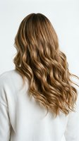 Woman with long wavy brown hair with blonde highlights wearing white sweater from behind showing healthy hair texture and natural waves.