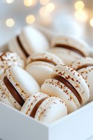 White French macarons filled with chocolate ganache, sprinkled with cocoa dust in elegant gift box against soft bokeh background. Delicate meringue cookies for dessert.