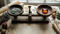 Rustic wooden balance scale weighing coins against a glowing amber heart, surrounded by dried flowers and scrolls, symbolizing love versus wealth.