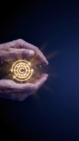 Hands protecting glowing copyright symbol with golden light particles on dark blue background for intellectual property and legal protection concepts.