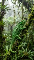 Green chameleon climbing moss-covered tree trunk in misty tropical rainforest with lush vegetation and ferns creating natural jungle habitat atmosphere.