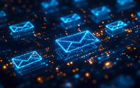 Glowing blue digital mail envelopes on dark circuit background with orange light effects, representing electronic communication and message delivery system.