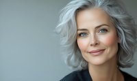 Confident mature Caucasian woman with silver gray hair and natural makeup smiling at camera against neutral background, representing aging gracefully and beauty.
