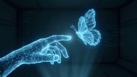 Digital holographic hand reaching toward glowing blue butterfly in futuristic cyber space with data streams for technology and innovation concepts.