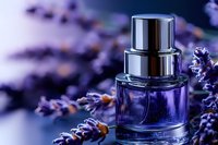Purple glass perfume bottle with silver cap surrounded by fresh lavender flowers on dark background, creating luxurious aromatic spa composition.