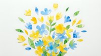 Watercolor painted flowers in yellow and blue tones with green leaves arranged in a loose bouquet composition on white background for spring designs.