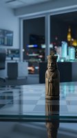 Wooden chess piece king figurine displayed on reflective glass table in modern office with city skyline view through windows at night.