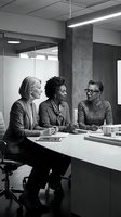 Three diverse women professionals engaged in discussion at modern office table with documents and coffee cups during business meeting.