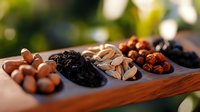 Assorted nuts, dried fruits and seeds arranged on wooden serving platter with natural bokeh background, healthy snacking concept for food photography.