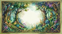 Enchanted forest frame with glowing trees, mushrooms, and magical flora surrounding a blank center space for text or design.