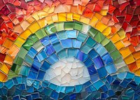 Vibrant rainbow mosaic pattern with curved lines and geometric shapes creates colorful abstract background. Small glass tiles form gradient spectrum from red to blue.