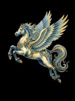 Ornate winged horse with blue and gold details, jeweled harness, isolated on transparent background. Great for stickers, t-shirt design, print on demand, and sublimation.