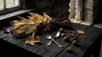 Autumn harvest still life with dried corn, walnuts and vintage spoons on rustic wooden table by window creating cozy seasonal atmosphere for fall decor.