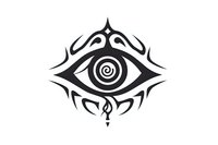 Mystical eye symbol with tribal ornamental elements and spiral pupil design on white background, isolated black silhouette suitable for tattoo art and graphic projects.