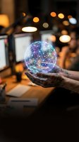 Close-up of male hand holding glowing digital globe with network connections in office workspace. Represents global technology, data connectivity, and innovation for business solutions.