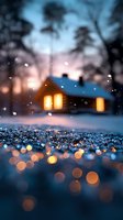 Cozy winter cabin glowing warmly in snowy twilight with magical bokeh reflections on icy ground, creating dreamy atmosphere during gentle snowfall at dusk.