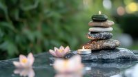 Balanced zen stones with burning candles and pink lotus flowers reflecting in calm water against blurred natural background for spa and meditation.