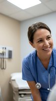 Smiling female healthcare worker in blue scrubs with stethoscope in modern medical examination room for healthcare and medical profession concepts.