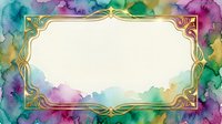 Ornate golden frame with watercolor wash background in vibrant rainbow hues, isolated on white. Suitable for invitations, cards, posters, and design templates.