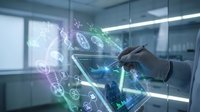 Businessman using futuristic holographic interface with digital data visualization and advanced technology in modern office environment.