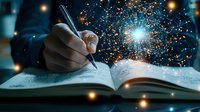 Magical glowing sparkles illuminate open book while person writes, creating ethereal atmosphere with floating light particles against dark background.